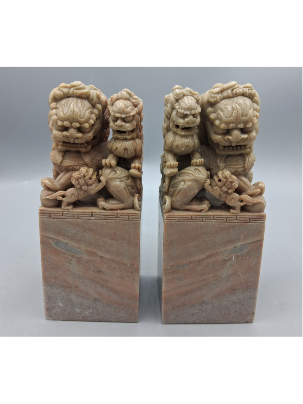 Vintage Pair Of Chinese Foo Dog Seals Hand-Carved Soapstone 5.6"x 2.2"